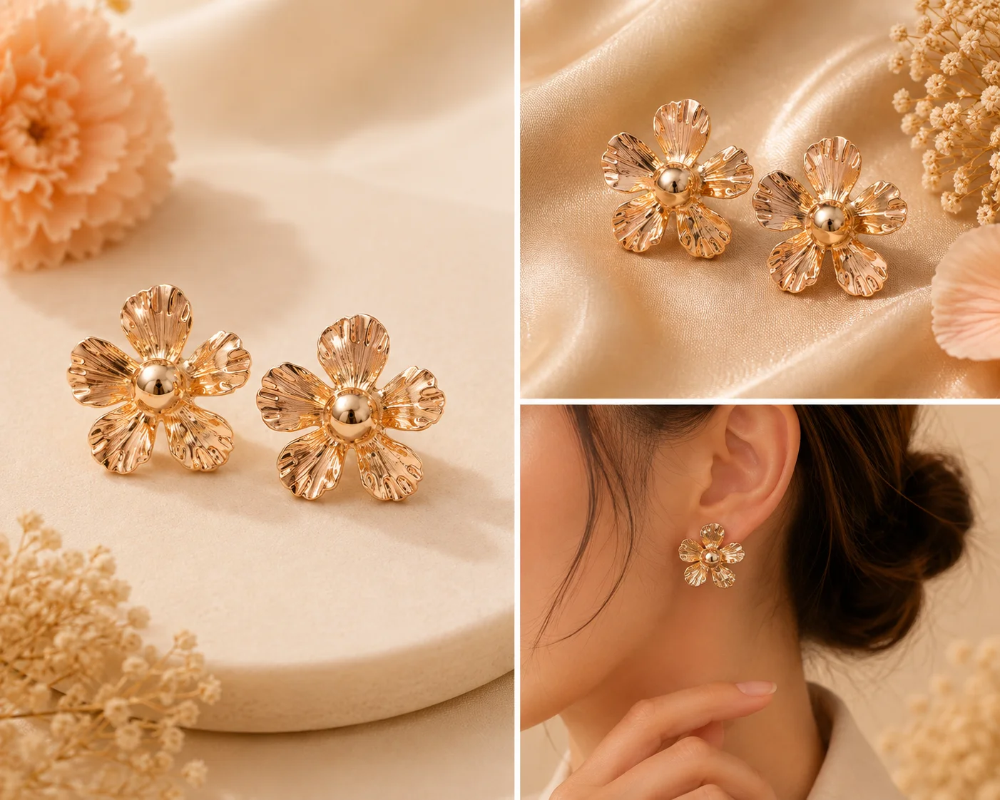 Gold Large Flower Stud Earrings